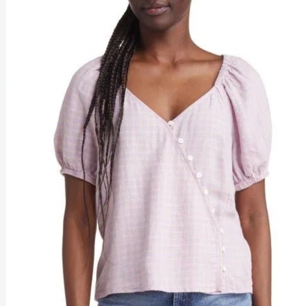 NWT Madewell Linen Blend Puff Sleeve Button Wrap Top Lavender Plaid Lilac Sz XS